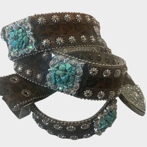 Noona Brown Cheetah Print Belt w/ Turquoise and Silver Embellishment -no buckle